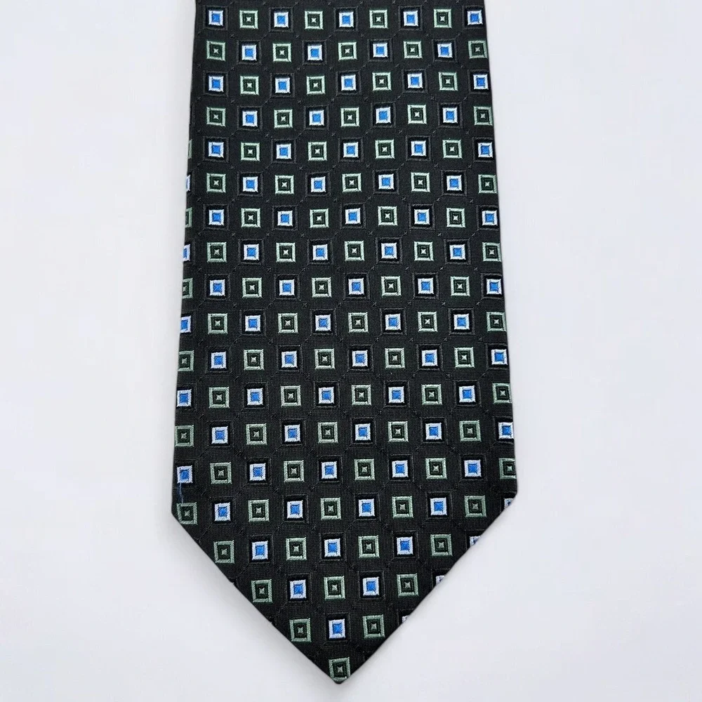 BOSS Hugo Boss Tie Adult Black Blue Green Geometric Square Silk Made in Italy